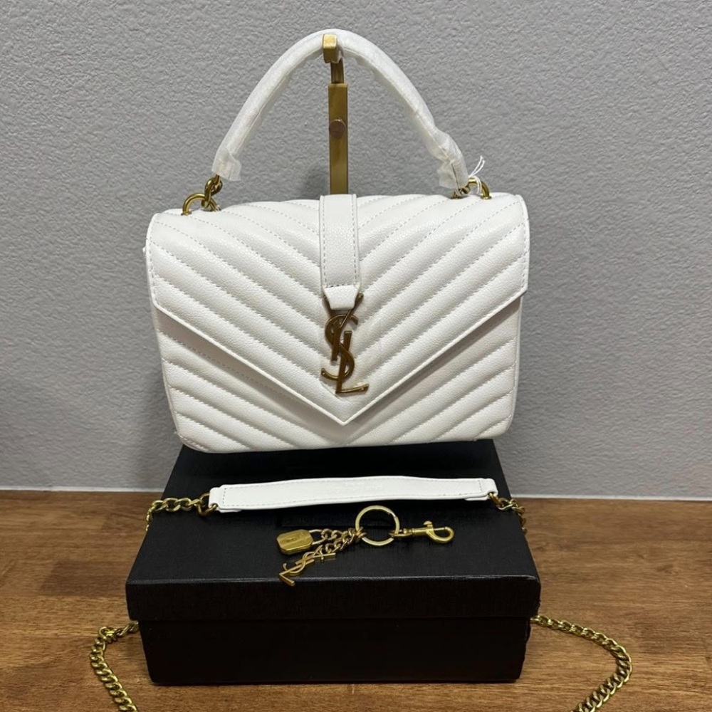 YSL White Quilted Handbag with Gold Accents Shoulder Crossbody Purse